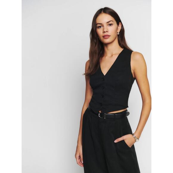 Reformation Black V Neck Sleeveless Button Front Cropped Vest Top Size 0 - Picture 4 of 9